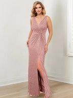 Vestidos de Mãe da Noiva com Decote em V, Comprimento até ao Chão, Modelo Tubo/Coluna