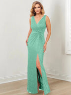 Vestidos de Mãe da Noiva com Decote em V, Comprimento até ao Chão, Modelo Tubo/Coluna