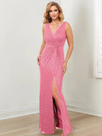 Vestidos de Mãe da Noiva com Decote em V, Comprimento até ao Chão, Modelo Tubo/Coluna