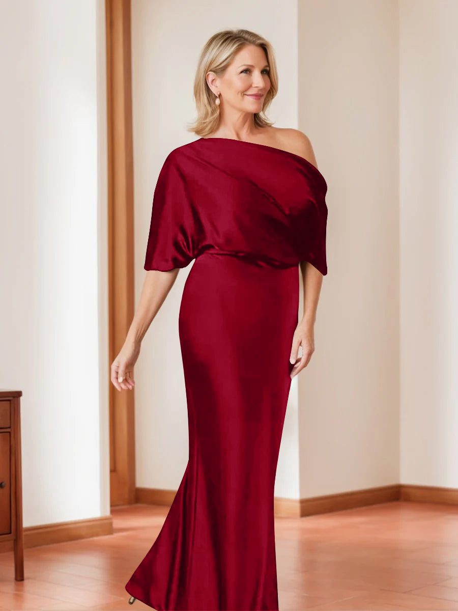 Elegant Plus Size Mother Of The Bride One Shoulder Sheath Dress Half Sleeves