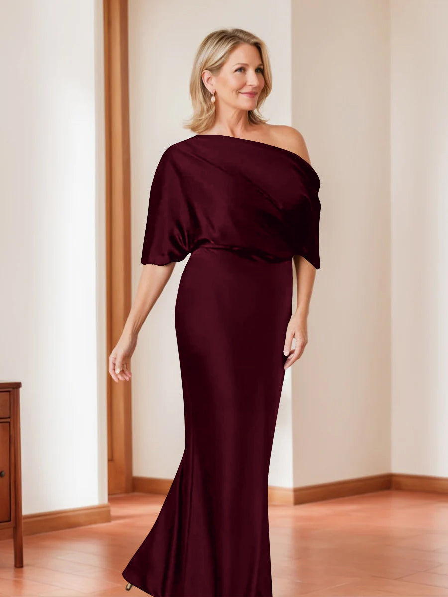 Elegant Plus Size Mother Of The Bride One Shoulder Sheath Dress Half Sleeves