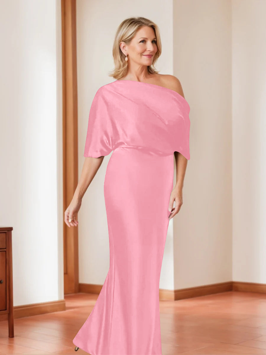 Elegant Plus Size Mother Of The Bride One Shoulder Sheath Dress Half Sleeves
