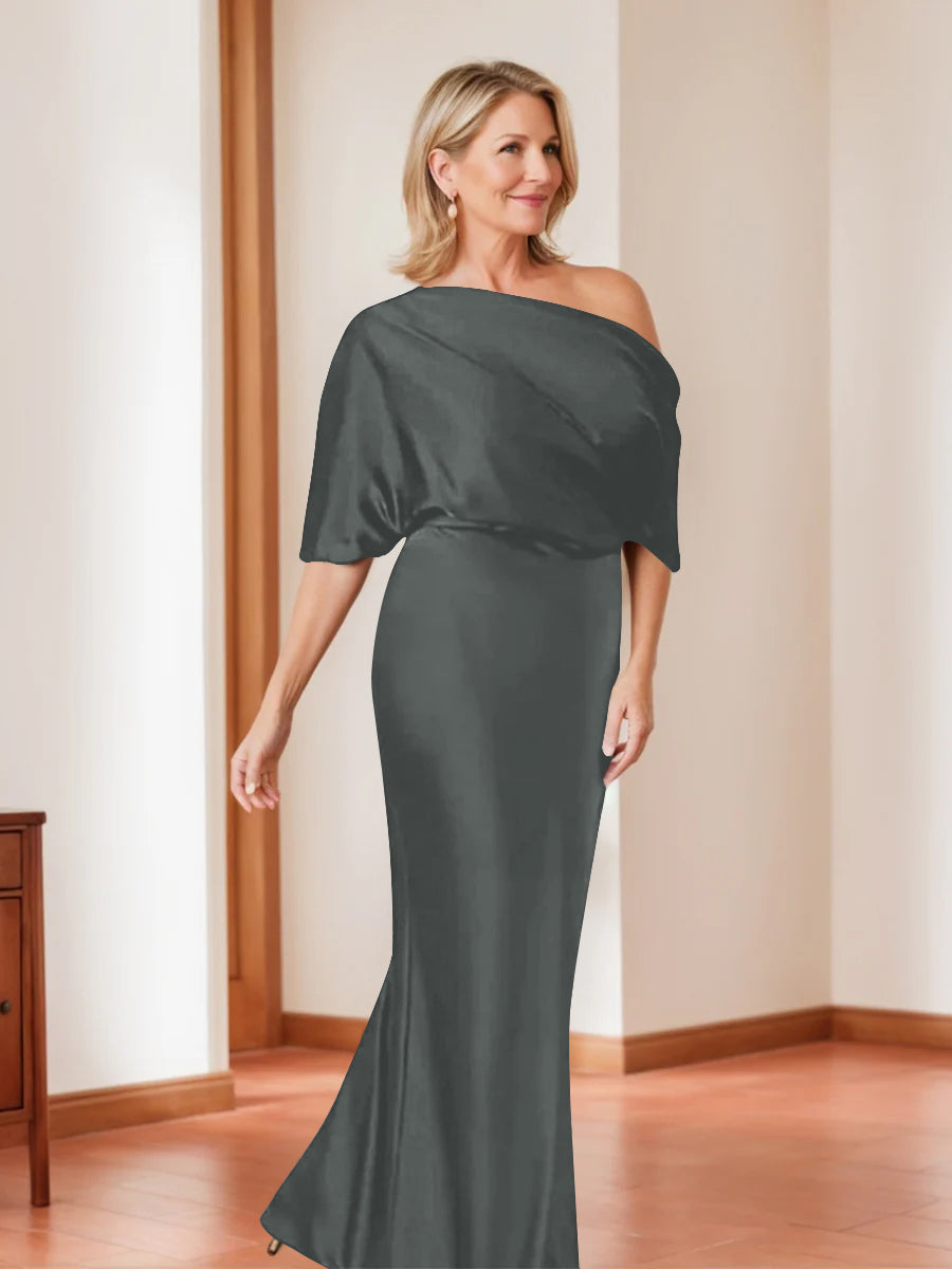 Elegant Plus Size Mother Of The Bride One Shoulder Sheath Dress Half Sleeves
