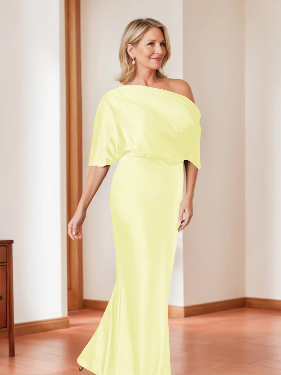 Elegant Plus Size Mother Of The Bride One Shoulder Sheath Dress Half Sleeves
