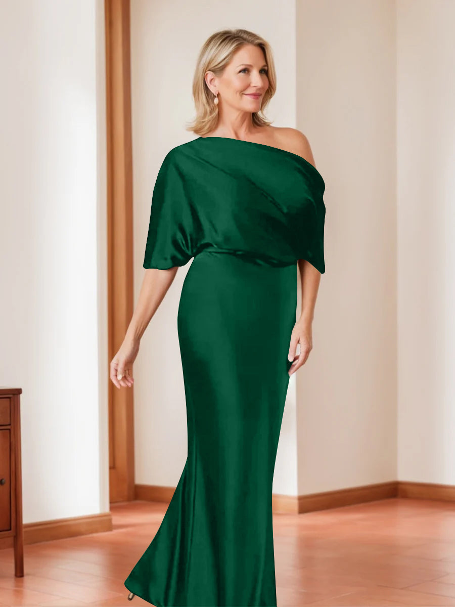Elegant Plus Size Mother Of The Bride One Shoulder Sheath Dress Half Sleeves