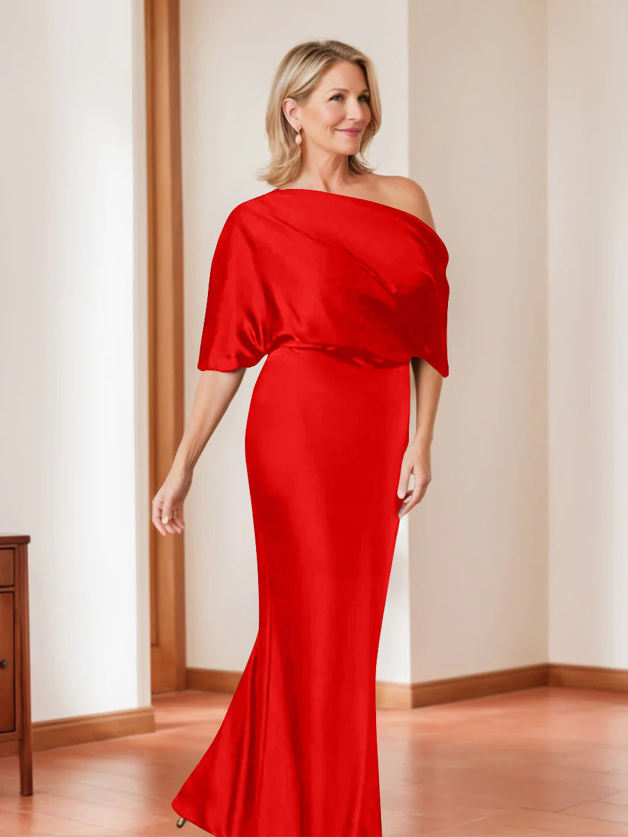 Elegant Plus Size Mother Of The Bride One Shoulder Sheath Dress Half Sleeves