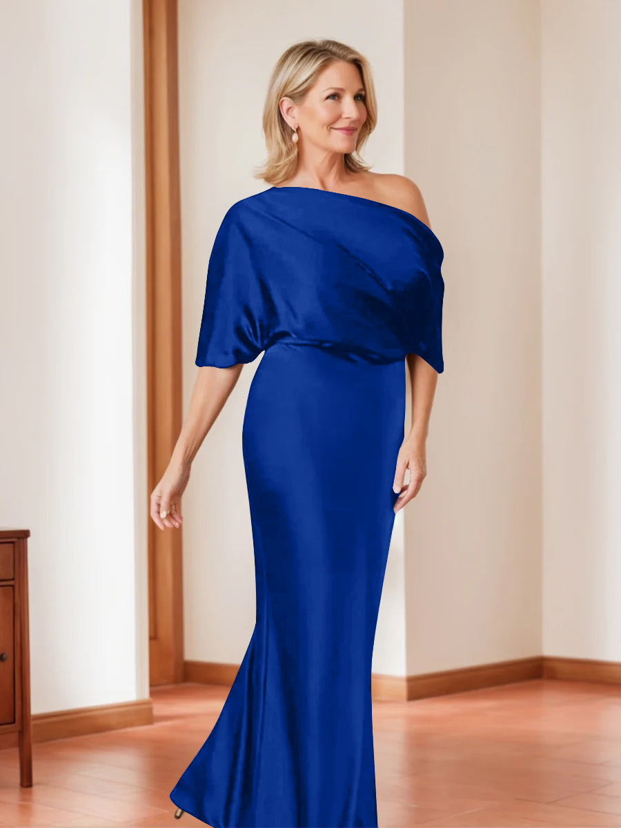 Elegant Plus Size Mother Of The Bride One Shoulder Sheath Dress Half Sleeves