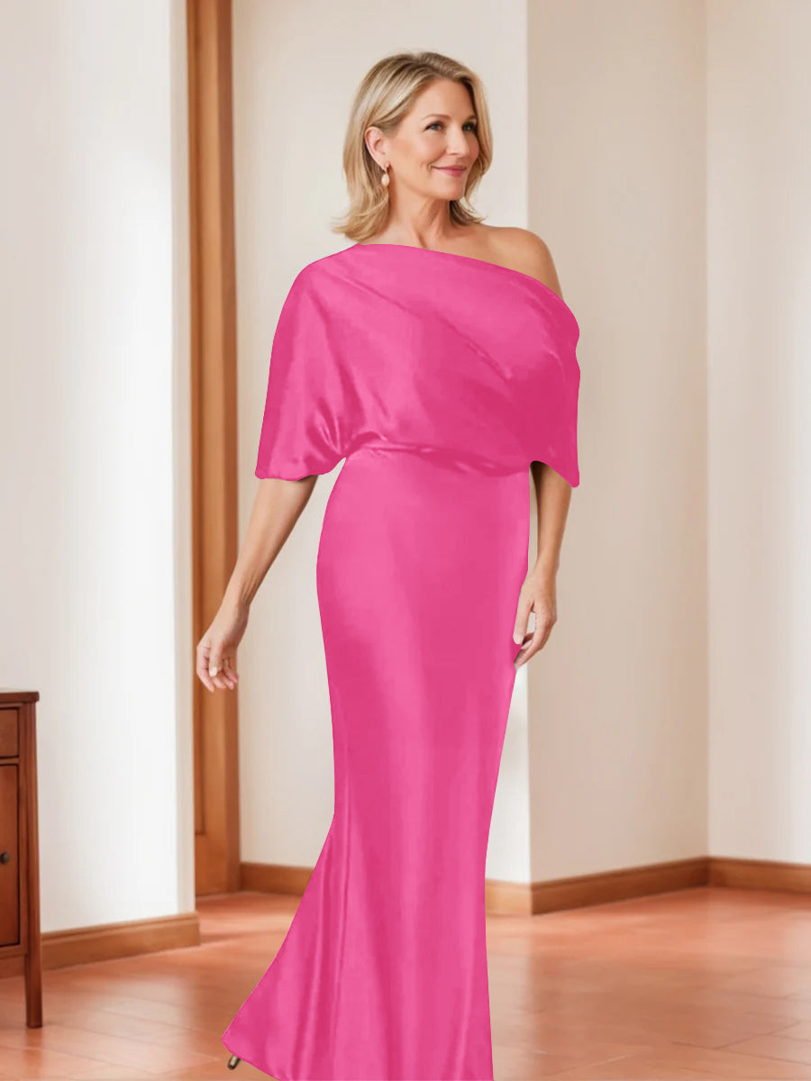 Elegant Plus Size Mother Of The Bride One Shoulder Sheath Dress Half Sleeves