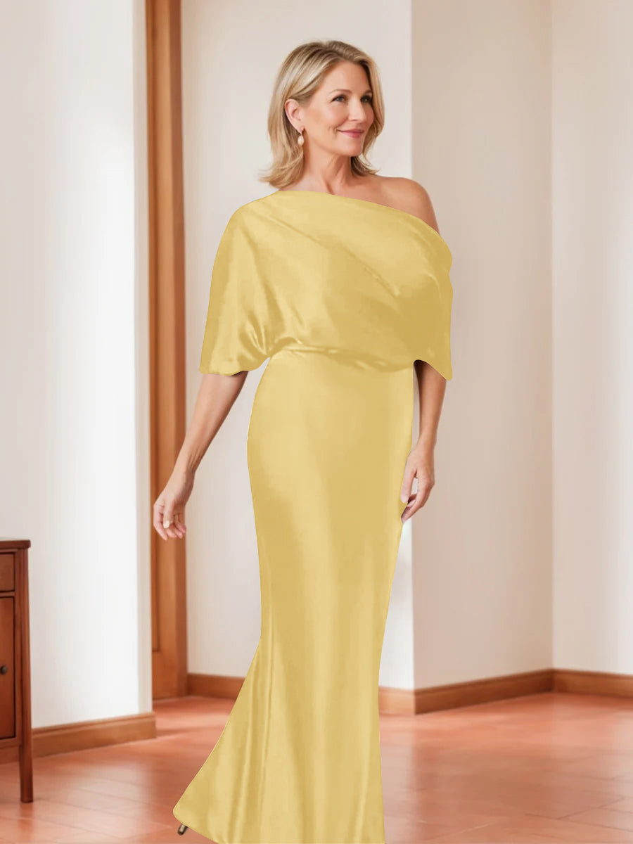 Elegant Plus Size Mother Of The Bride One Shoulder Sheath Dress Half Sleeves