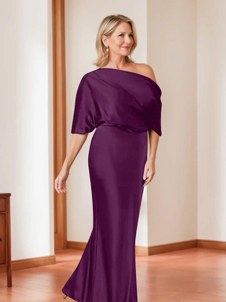 Elegant Plus Size Mother Of The Bride One Shoulder Sheath Dress Half Sleeves