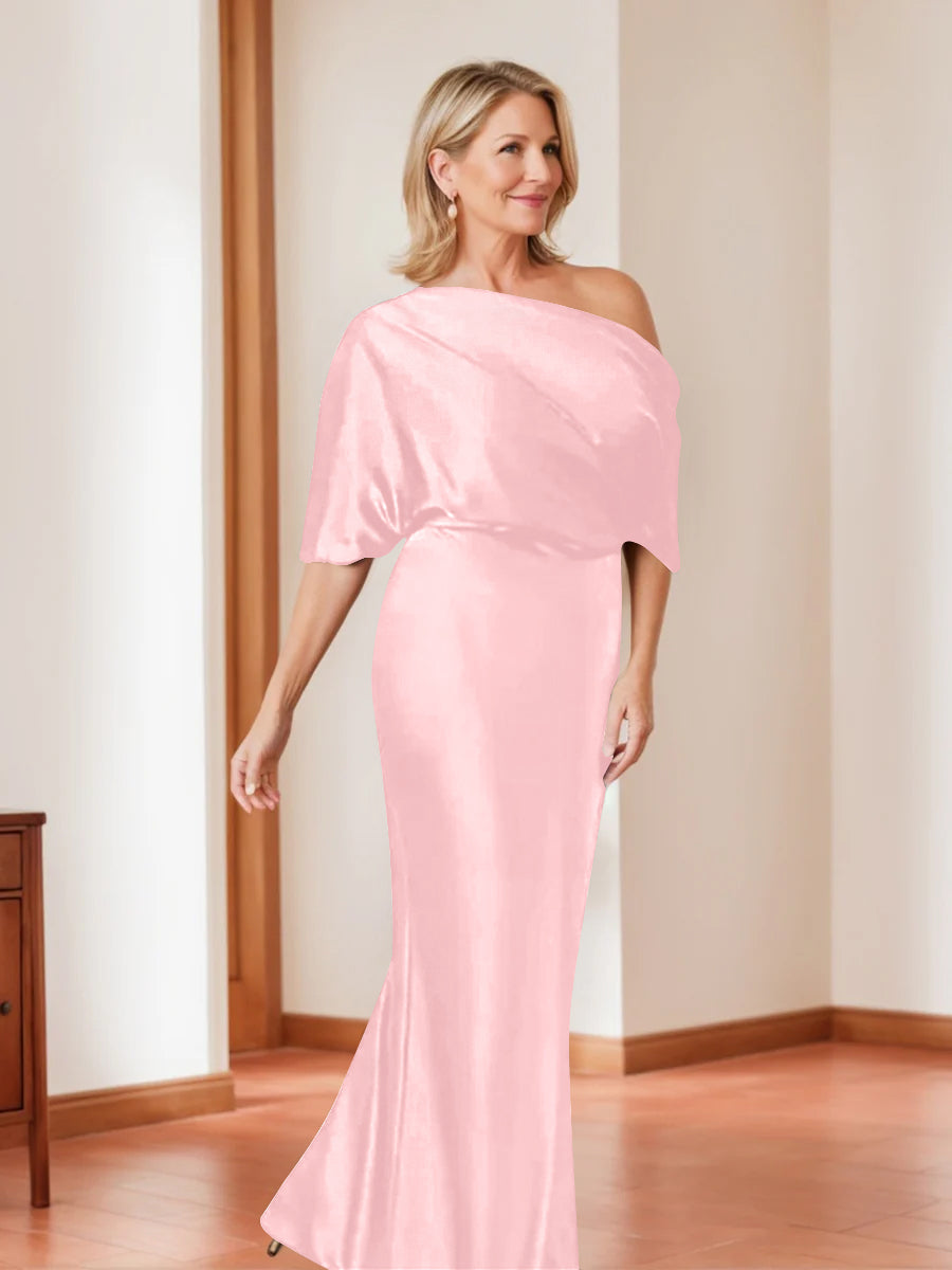 Elegant Plus Size Mother Of The Bride One Shoulder Sheath Dress Half Sleeves