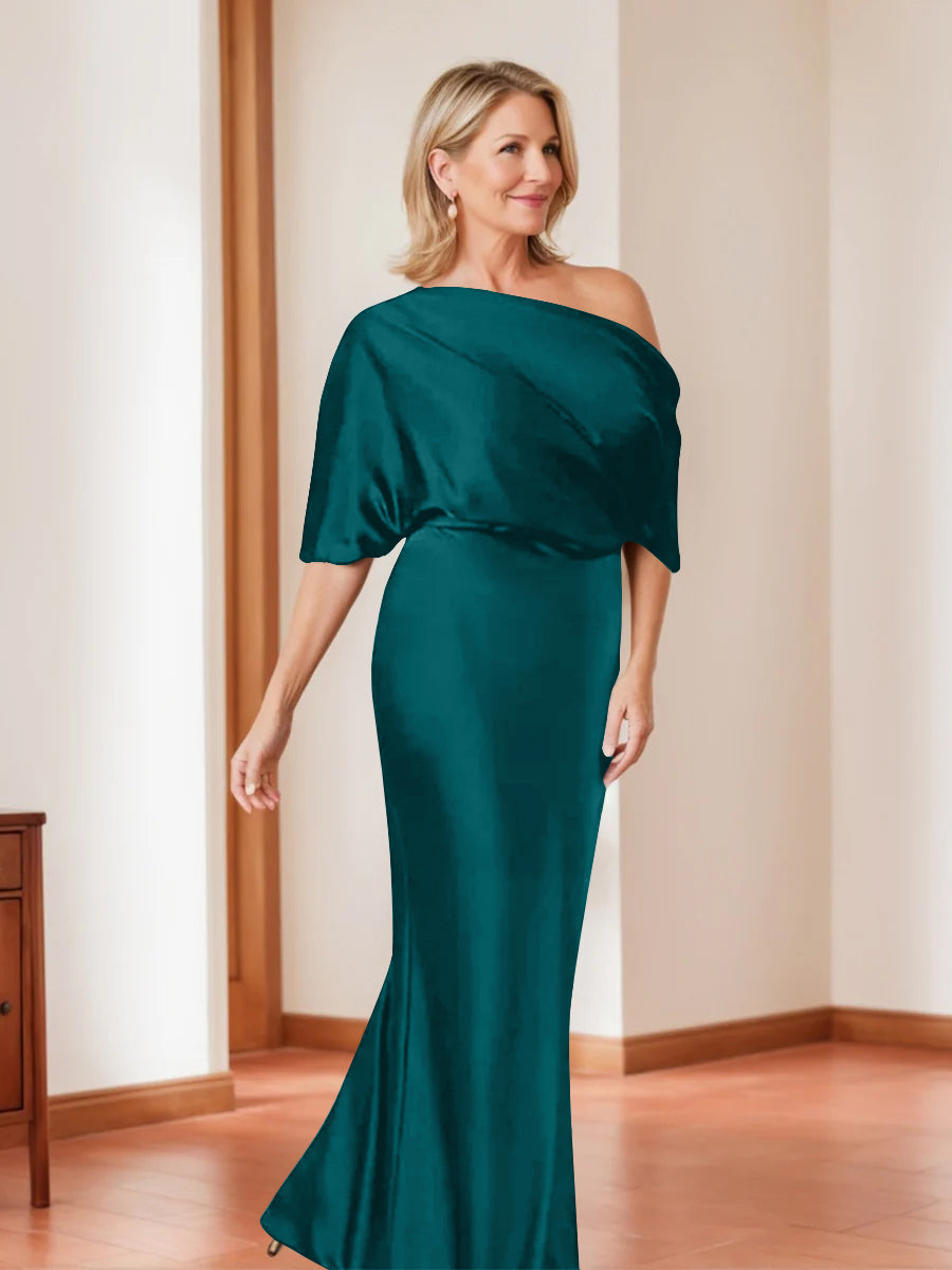 Elegant Plus Size Mother Of The Bride One Shoulder Sheath Dress Half Sleeves