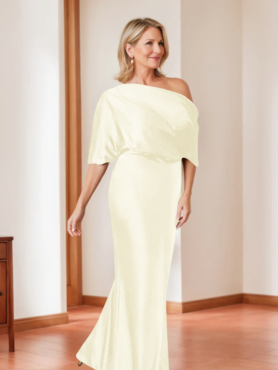 Elegant Plus Size Mother Of The Bride One Shoulder Sheath Dress Half Sleeves