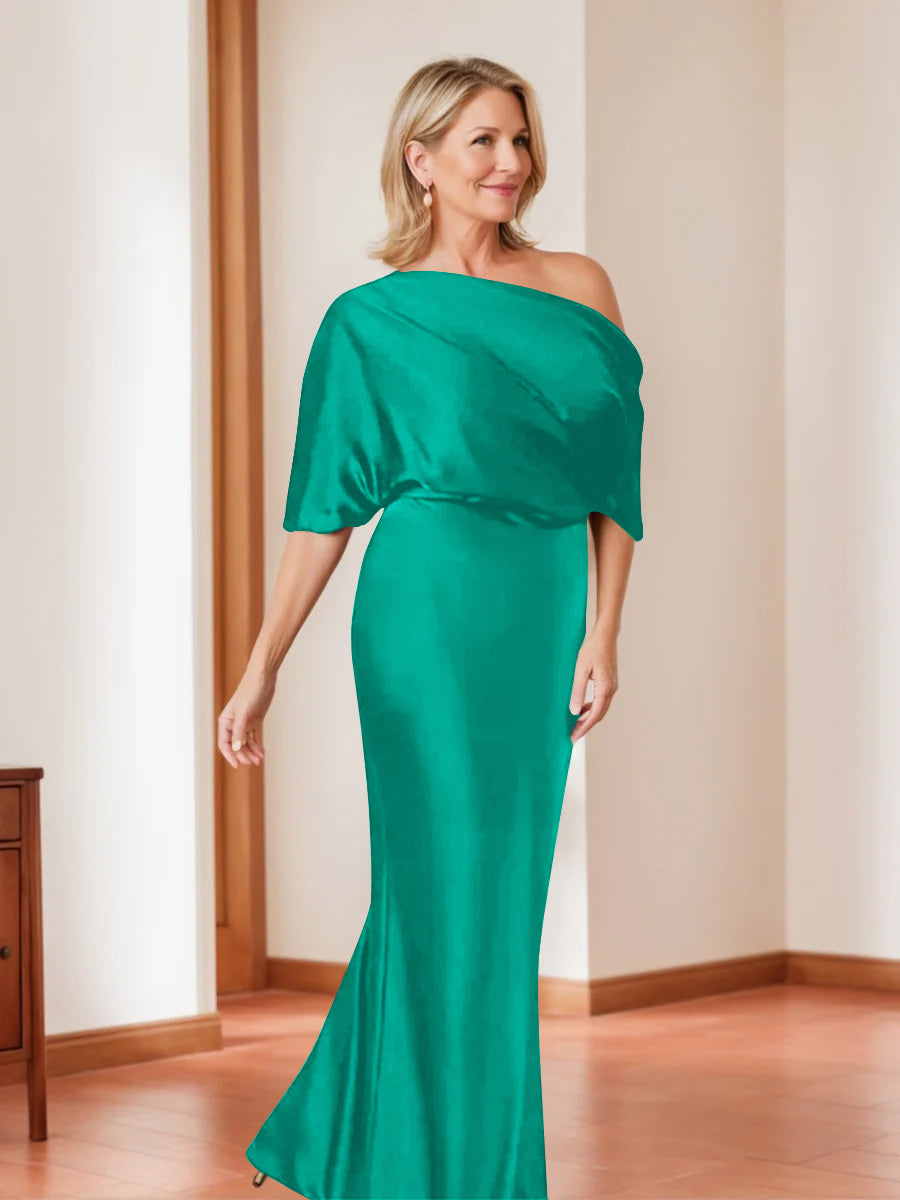 Elegant Plus Size Mother Of The Bride One Shoulder Sheath Dress Half Sleeves