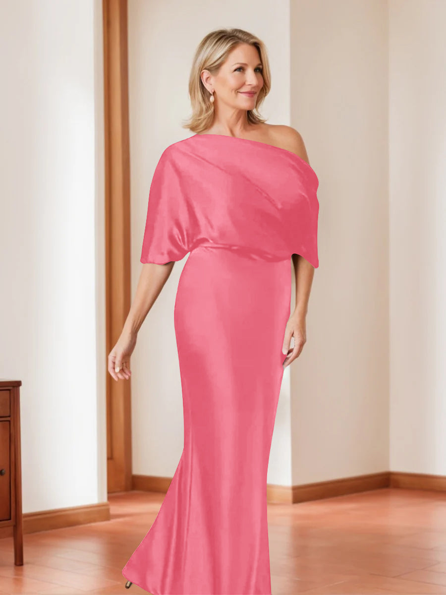 Elegant Plus Size Mother Of The Bride One Shoulder Sheath Dress Half Sleeves