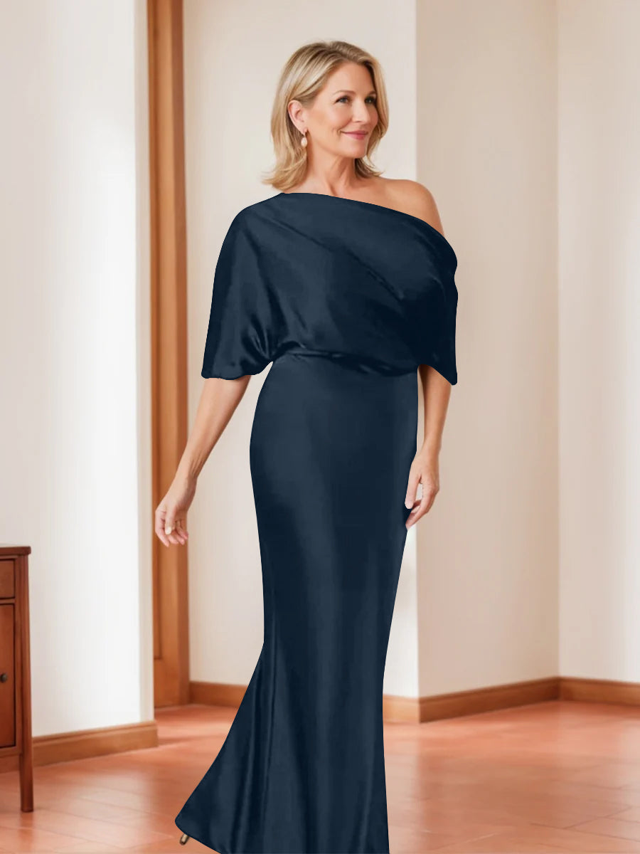 Elegant Plus Size Mother Of The Bride One Shoulder Sheath Dress Half Sleeves