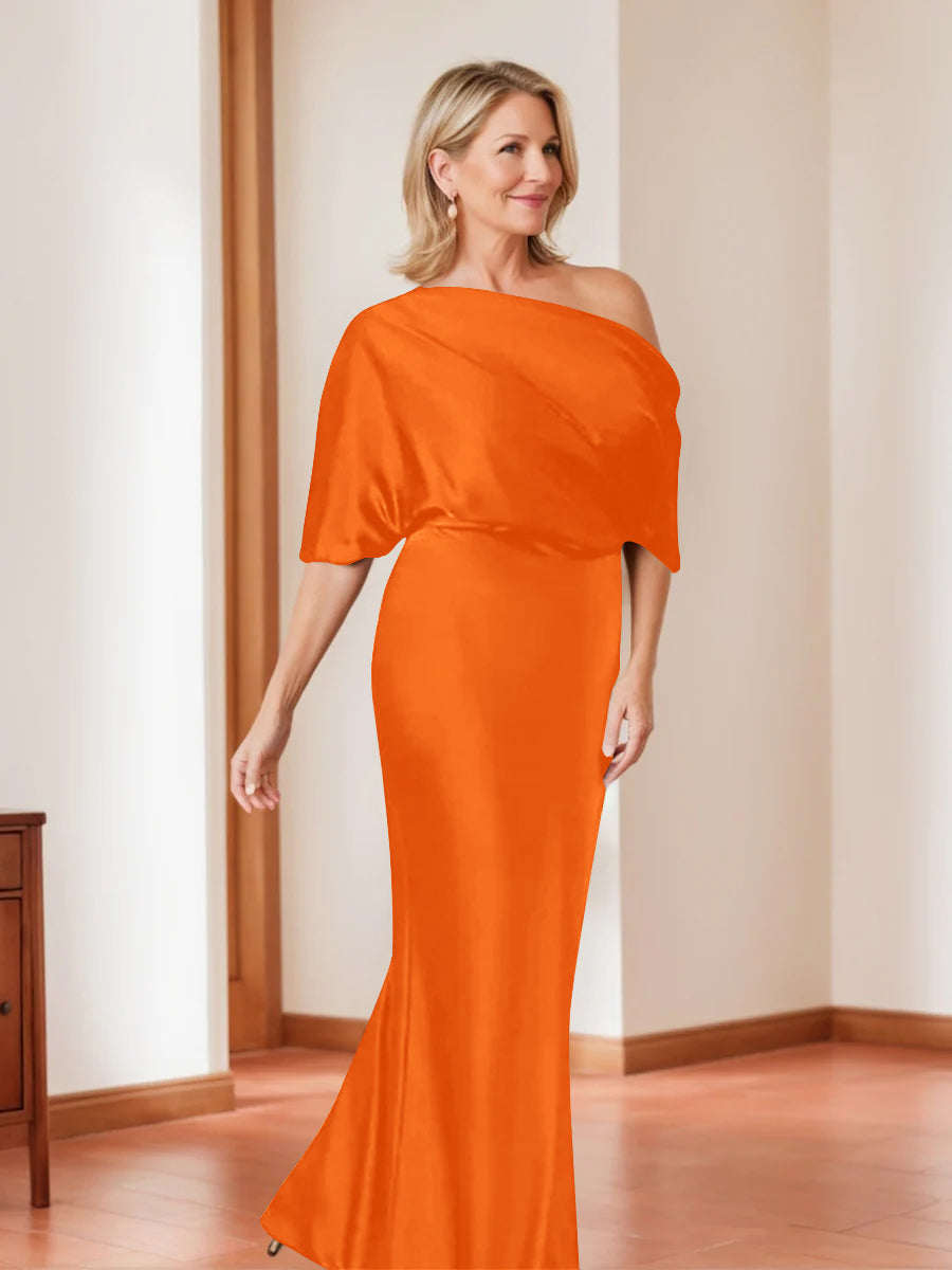 Elegant Plus Size Mother Of The Bride One Shoulder Sheath Dress Half Sleeves