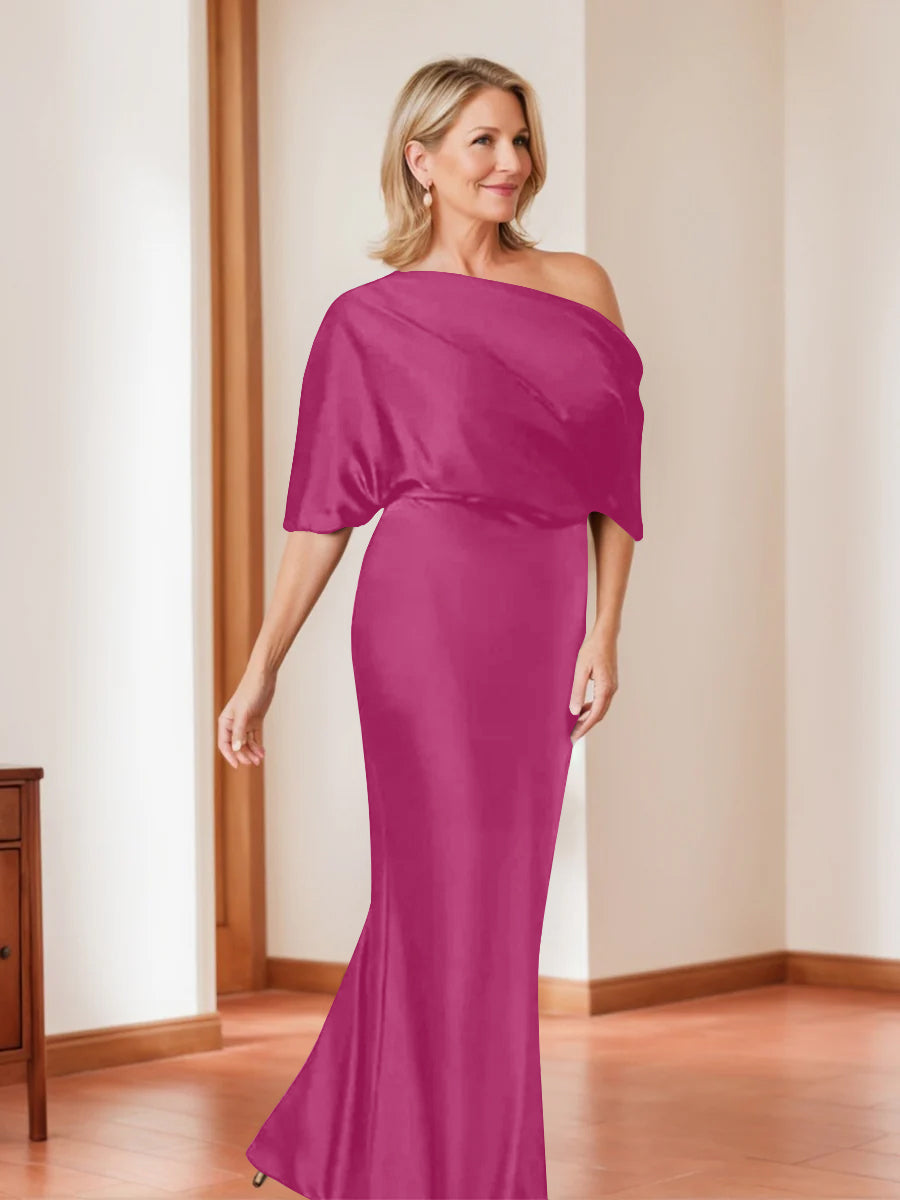 Elegant Plus Size Mother Of The Bride One Shoulder Sheath Dress Half Sleeves