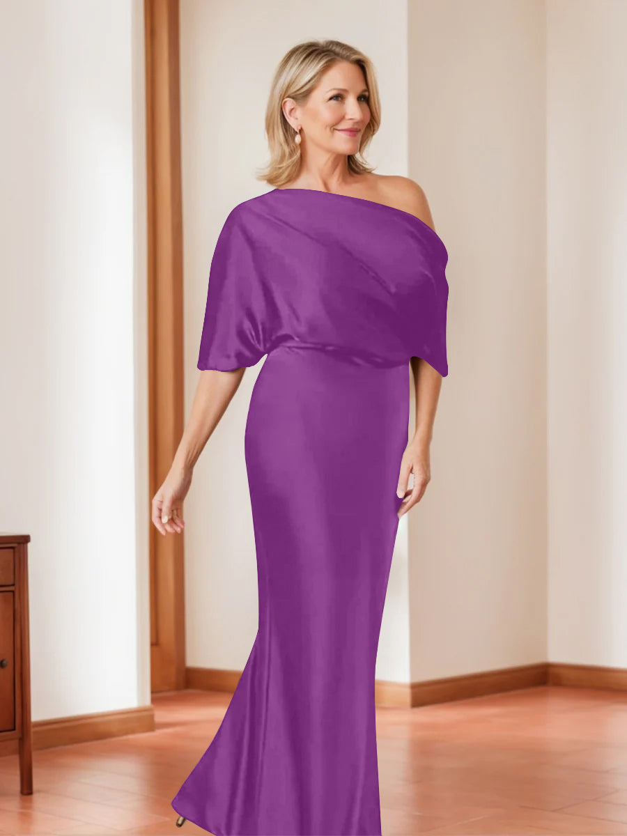 Elegant Plus Size Mother Of The Bride One Shoulder Sheath Dress Half Sleeves
