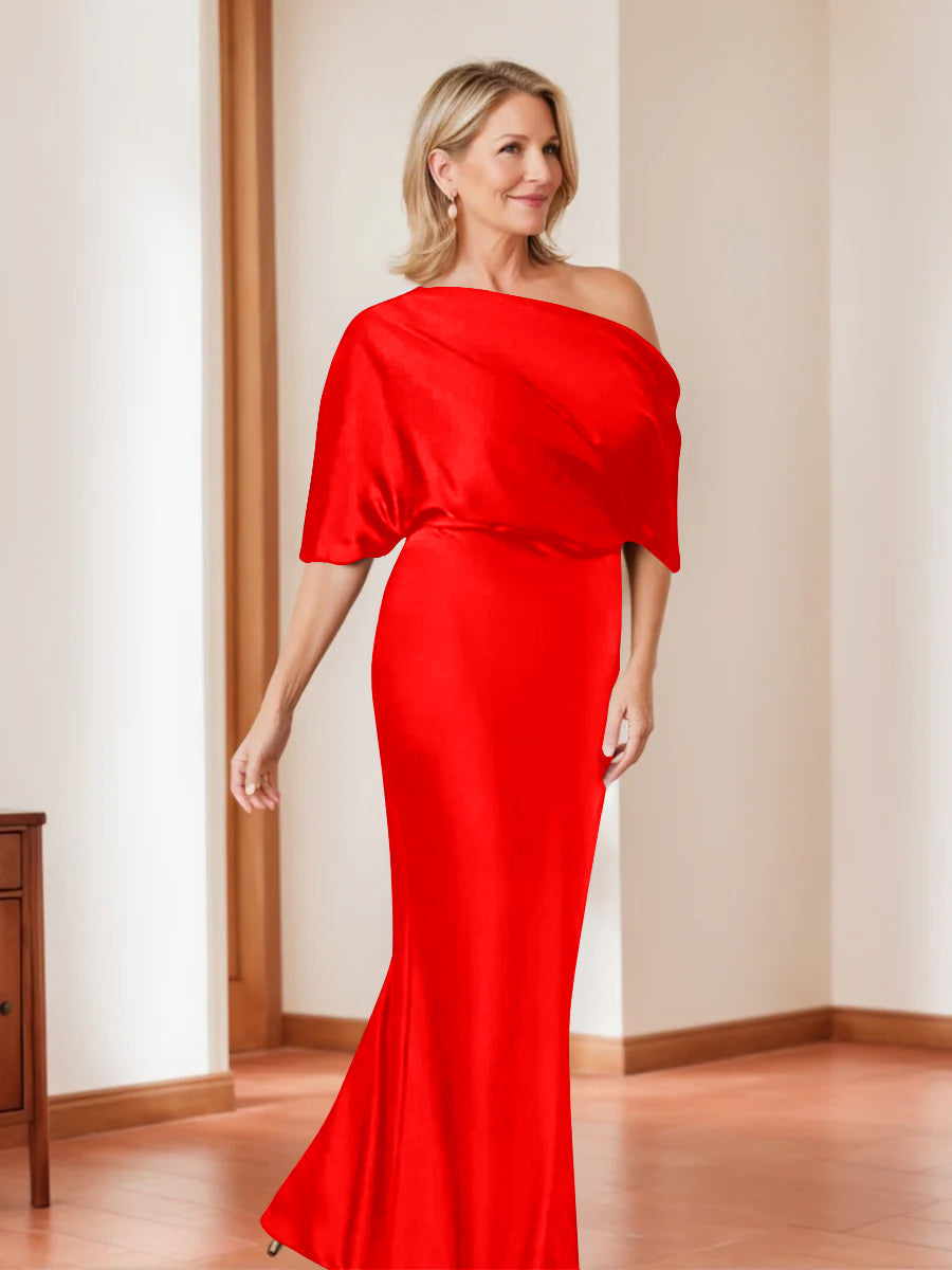 Elegant Plus Size Mother Of The Bride One Shoulder Sheath Dress Half Sleeves