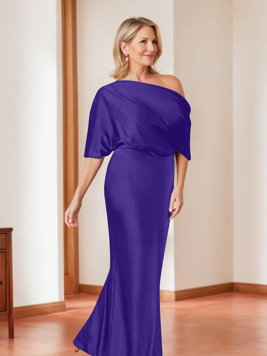 Elegant Plus Size Mother Of The Bride One Shoulder Sheath Dress Half Sleeves