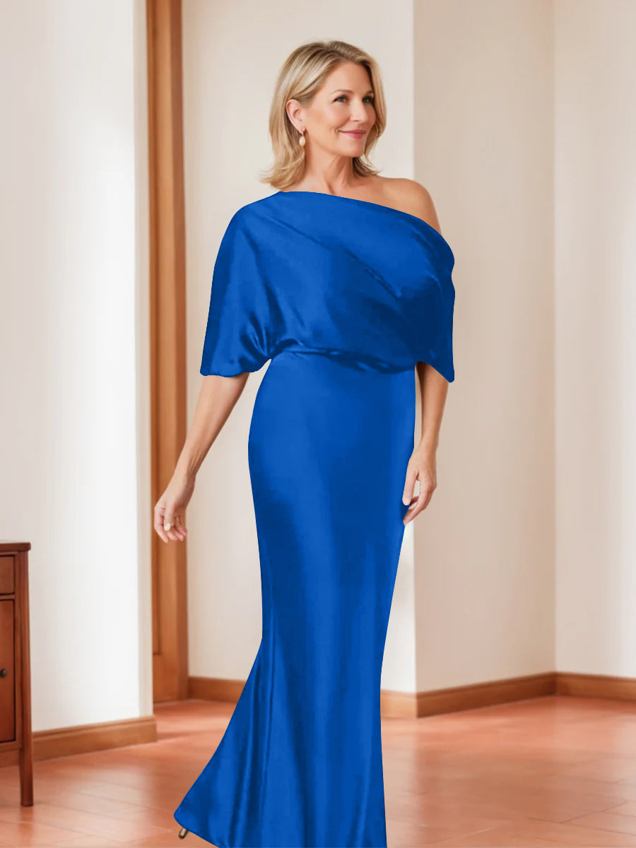 Elegant Plus Size Mother Of The Bride One Shoulder Sheath Dress Half Sleeves