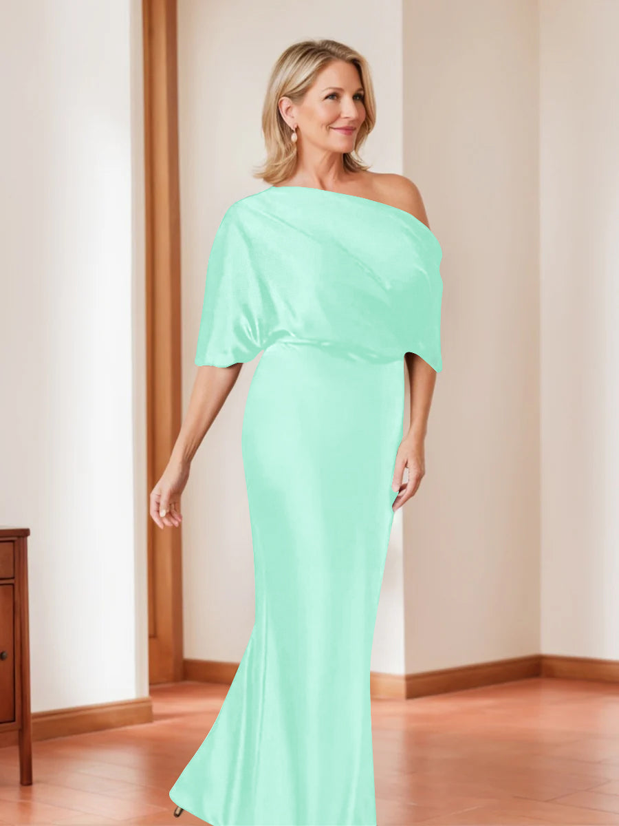Elegant Plus Size Mother Of The Bride One Shoulder Sheath Dress Half Sleeves