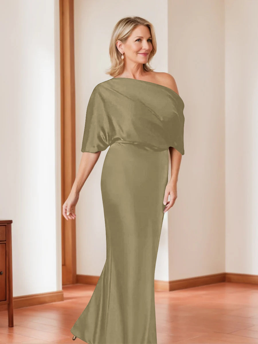 Elegant Plus Size Mother Of The Bride One Shoulder Sheath Dress Half Sleeves