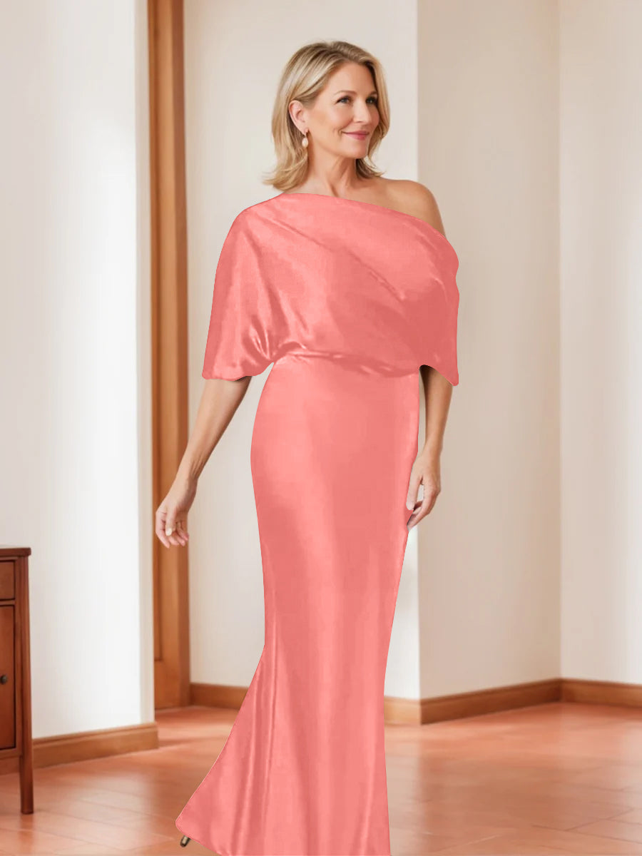 Elegant Plus Size Mother Of The Bride One Shoulder Sheath Dress Half Sleeves