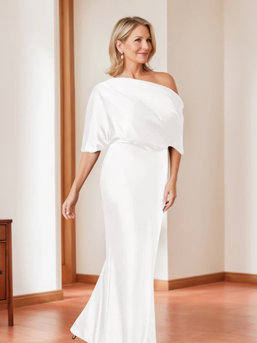 Elegant Plus Size Mother Of The Bride One Shoulder Sheath Dress Half Sleeves