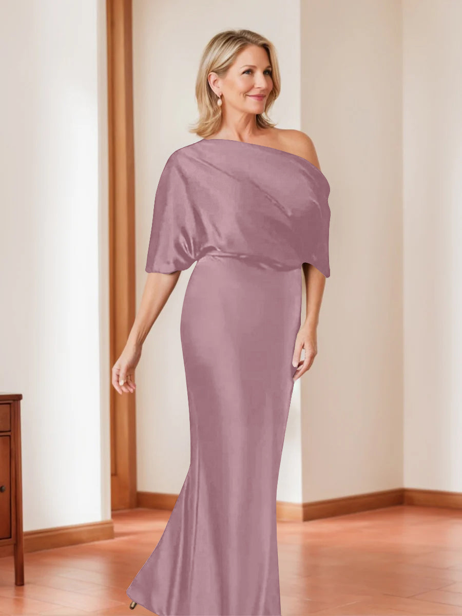 Elegant Plus Size Mother Of The Bride One Shoulder Sheath Dress Half Sleeves