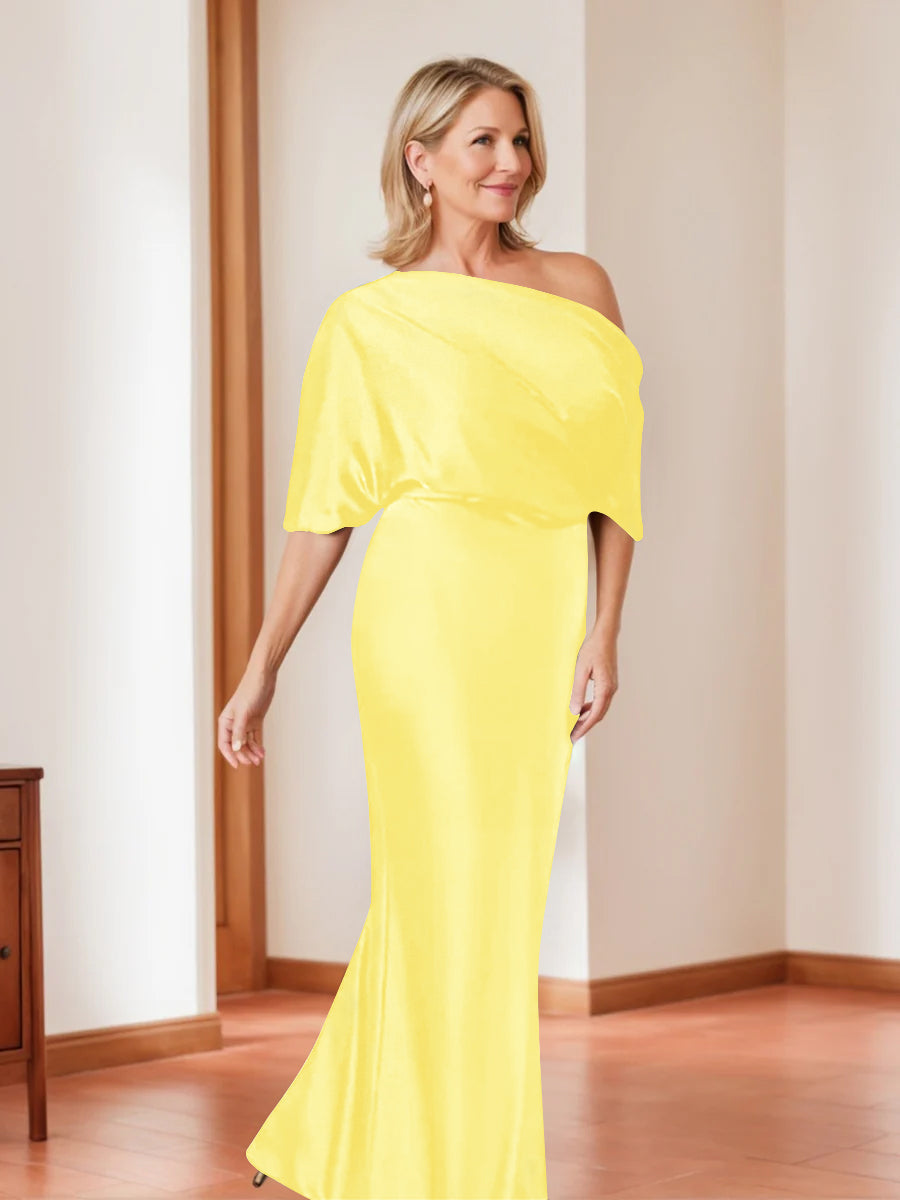 Elegant Plus Size Mother Of The Bride One Shoulder Sheath Dress Half Sleeves
