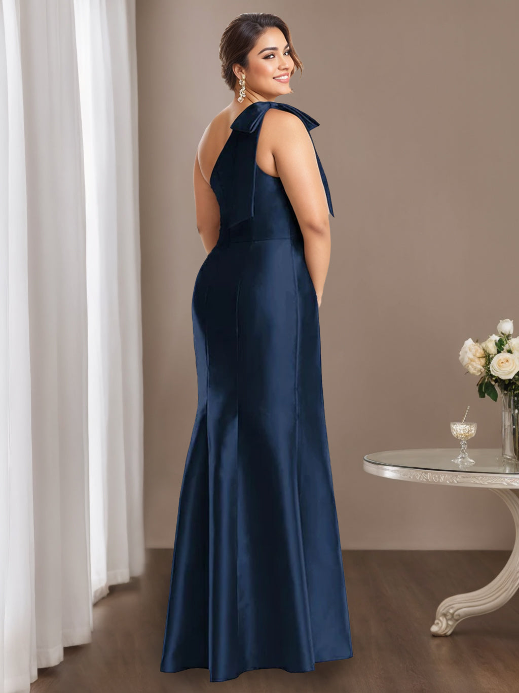 One Shoulder Satin Dress Plus Size Mother of the Bride Bow Knot