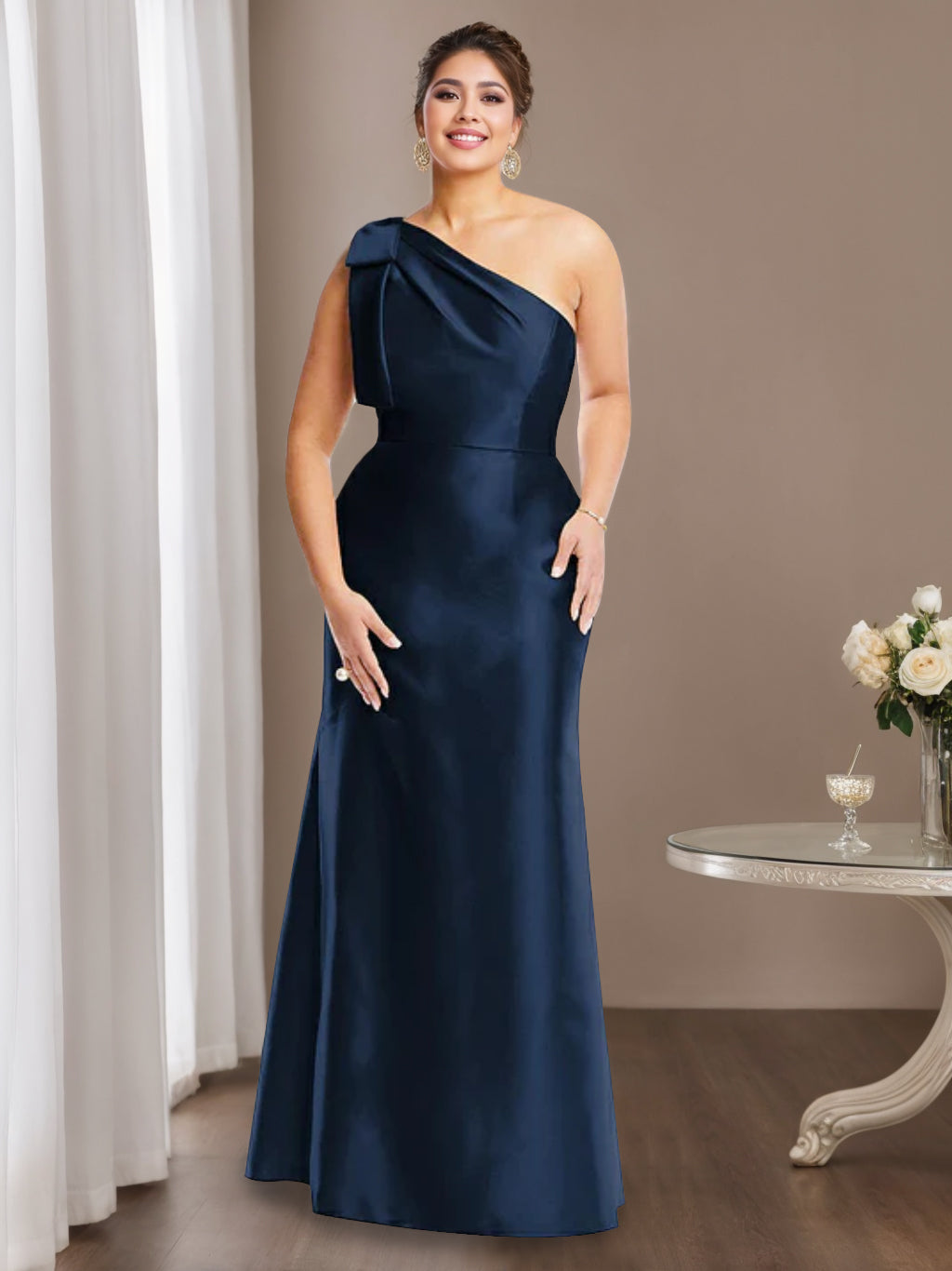 One Shoulder Satin Dress Plus Size Mother of the Bride Bow Knot