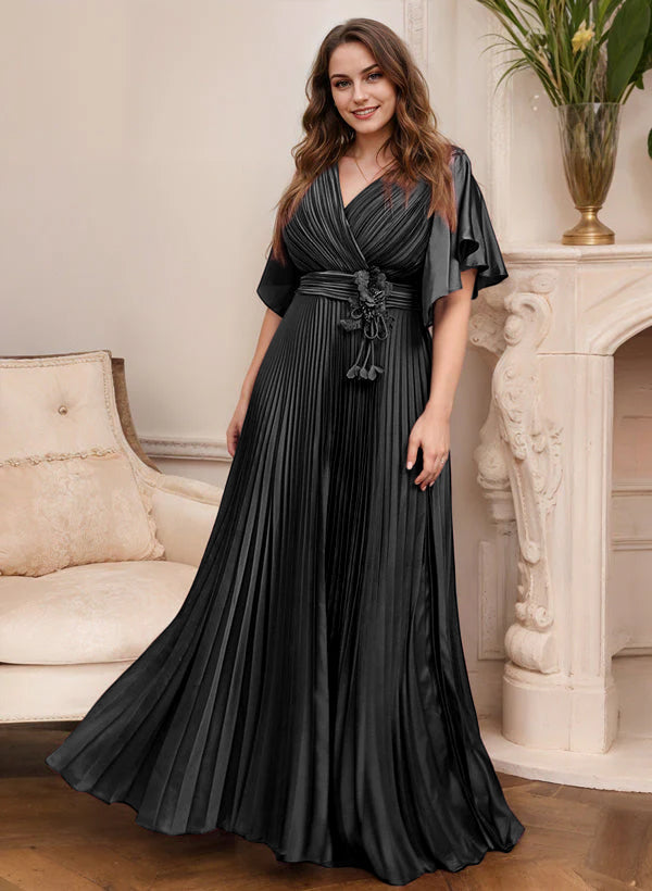 Elegant V Neck A Line Mother Of The Bride Dress With Belt Short Sleeve