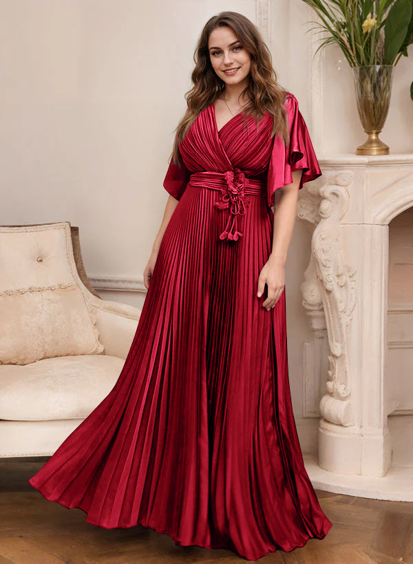 Elegant V Neck A Line Mother Of The Bride Dress With Belt Short Sleeve