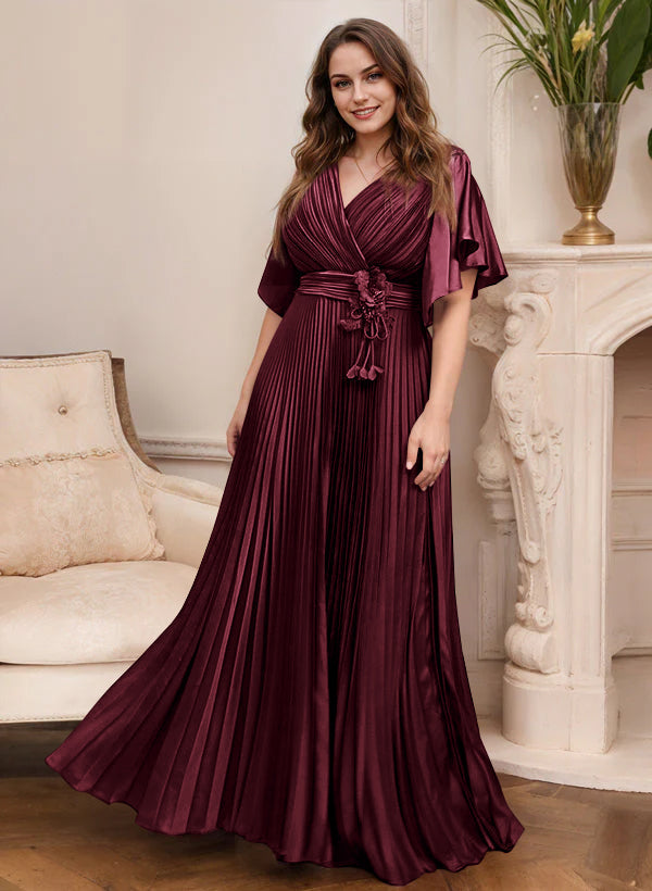 Elegant V Neck A Line Mother Of The Bride Dress With Belt Short Sleeve