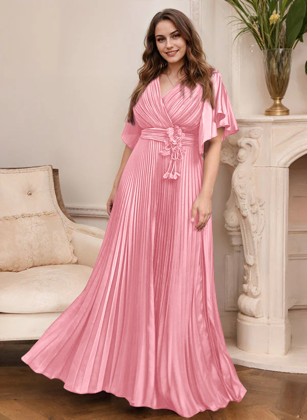 Elegant V Neck A Line Mother Of The Bride Dress With Belt Short Sleeve