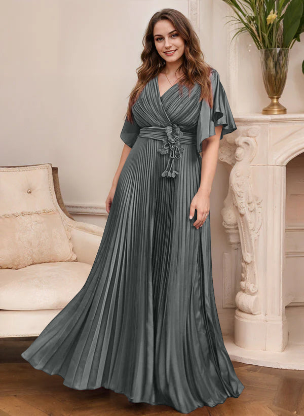 Elegant V Neck A Line Mother Of The Bride Dress With Belt Short Sleeve