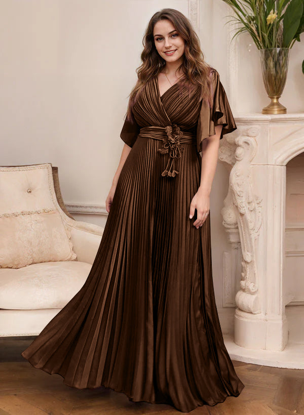 Elegant V Neck A Line Mother Of The Bride Dress With Belt Short Sleeve
