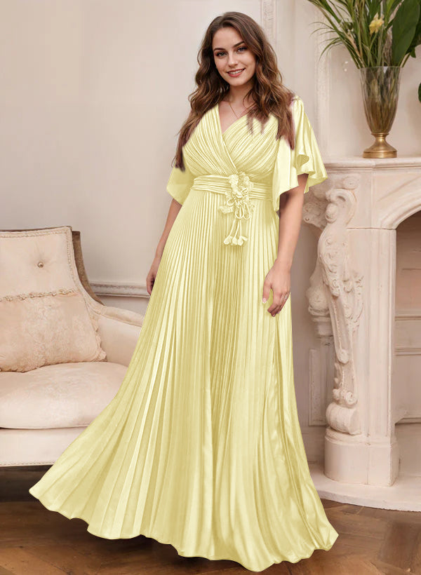 Elegant V Neck A Line Mother Of The Bride Dress With Belt Short Sleeve