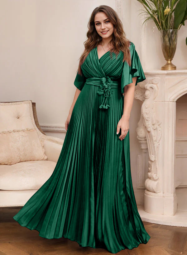 Elegant V Neck A Line Mother Of The Bride Dress With Belt Short Sleeve