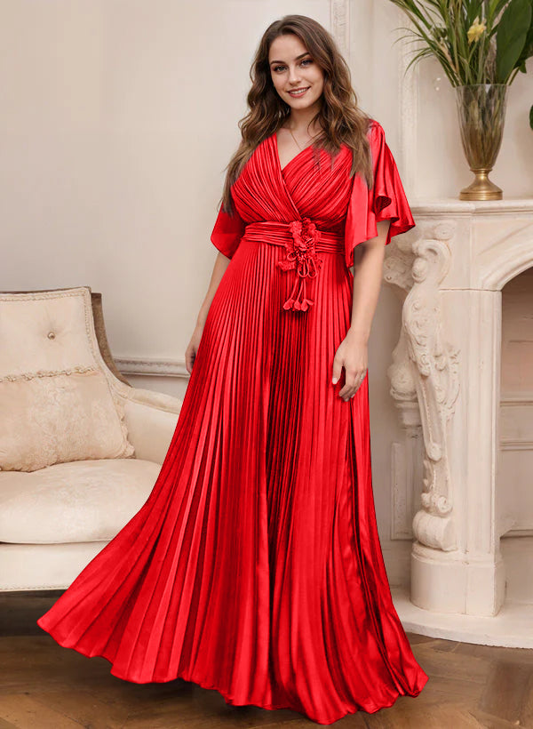 Elegant V Neck A Line Mother Of The Bride Dress With Belt Short Sleeve