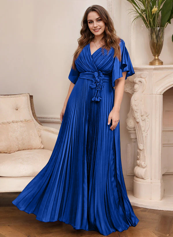 Elegant V Neck A Line Mother Of The Bride Dress With Belt Short Sleeve