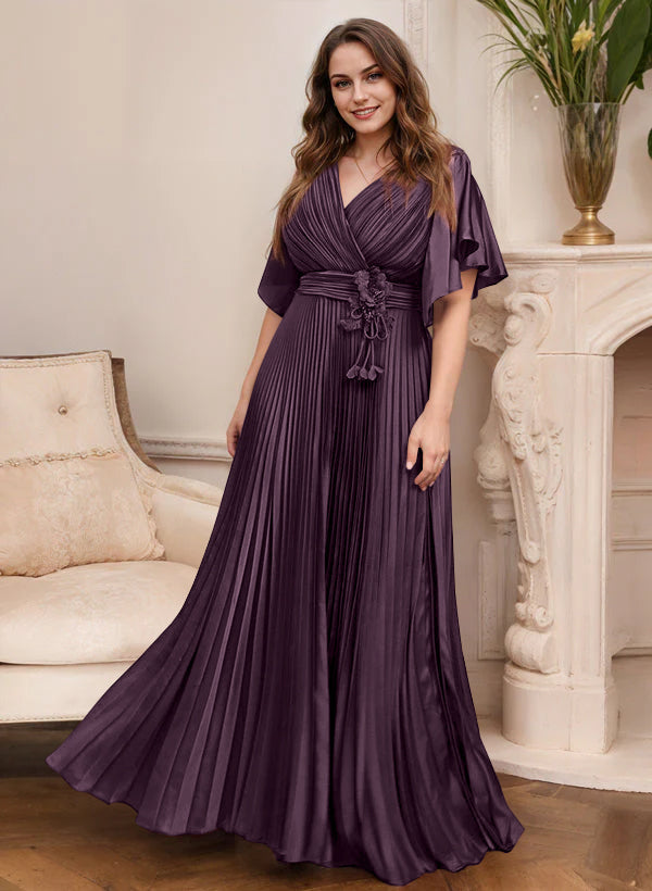 Elegant V Neck A Line Mother Of The Bride Dress With Belt Short Sleeve