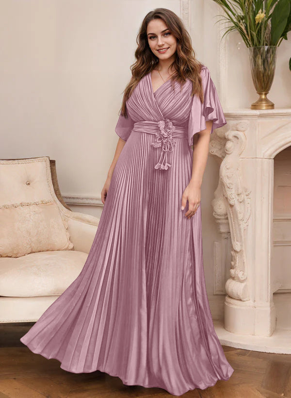Elegant V Neck A Line Mother Of The Bride Dress With Belt Short Sleeve