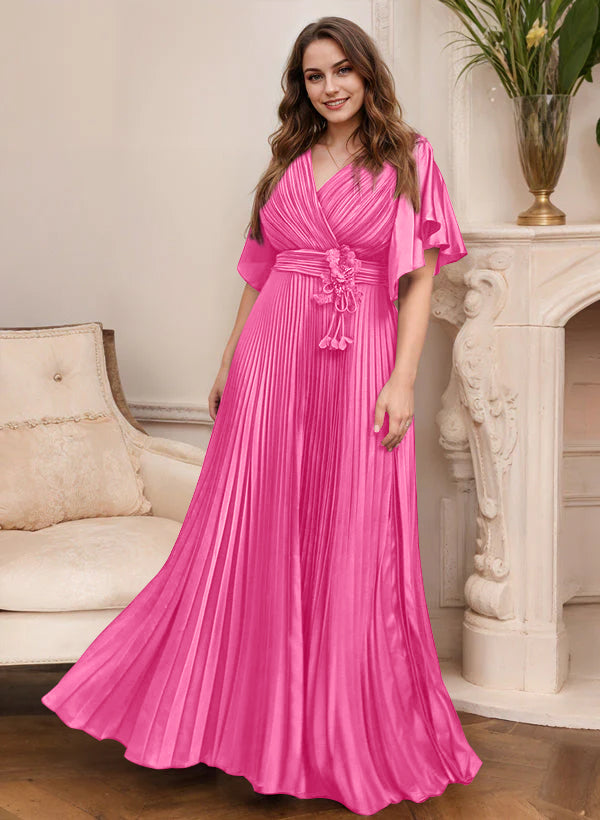 Elegant V Neck A Line Mother Of The Bride Dress With Belt Short Sleeve