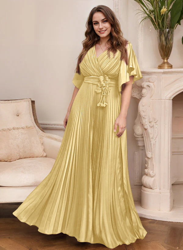 Elegant V Neck A Line Mother Of The Bride Dress With Belt Short Sleeve