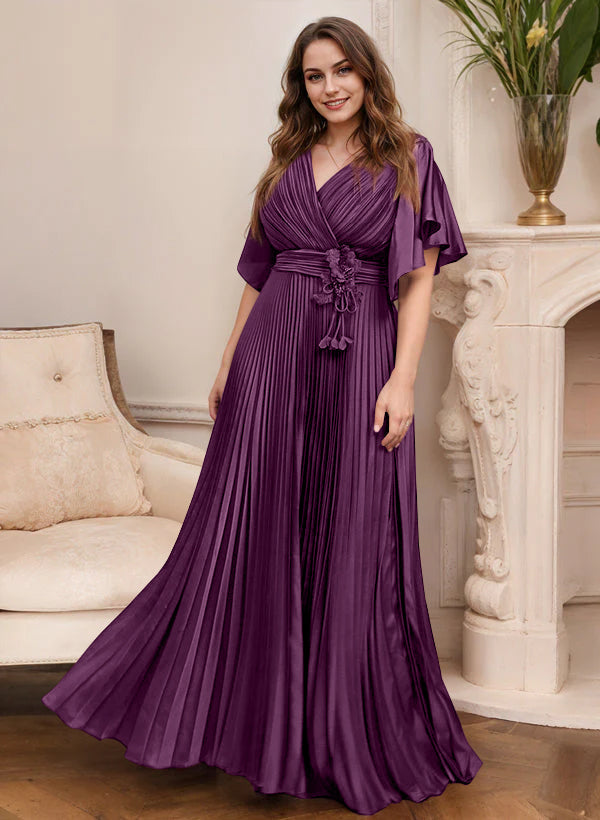 Elegant V Neck A Line Mother Of The Bride Dress With Belt Short Sleeve