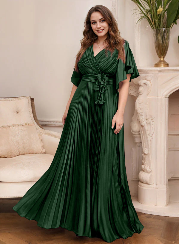 Elegant V Neck A Line Mother Of The Bride Dress With Belt Short Sleeve